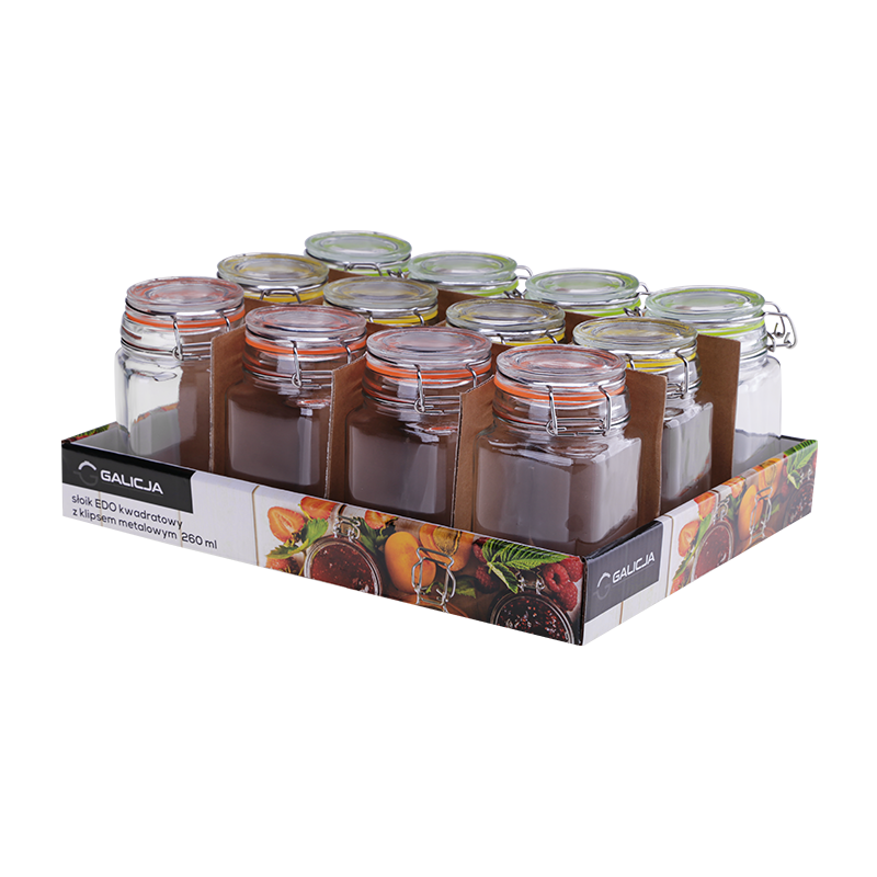 Słoik kwadratowy z klipsem metalowym EDO 260ml 35587 (display 12 sztuk)